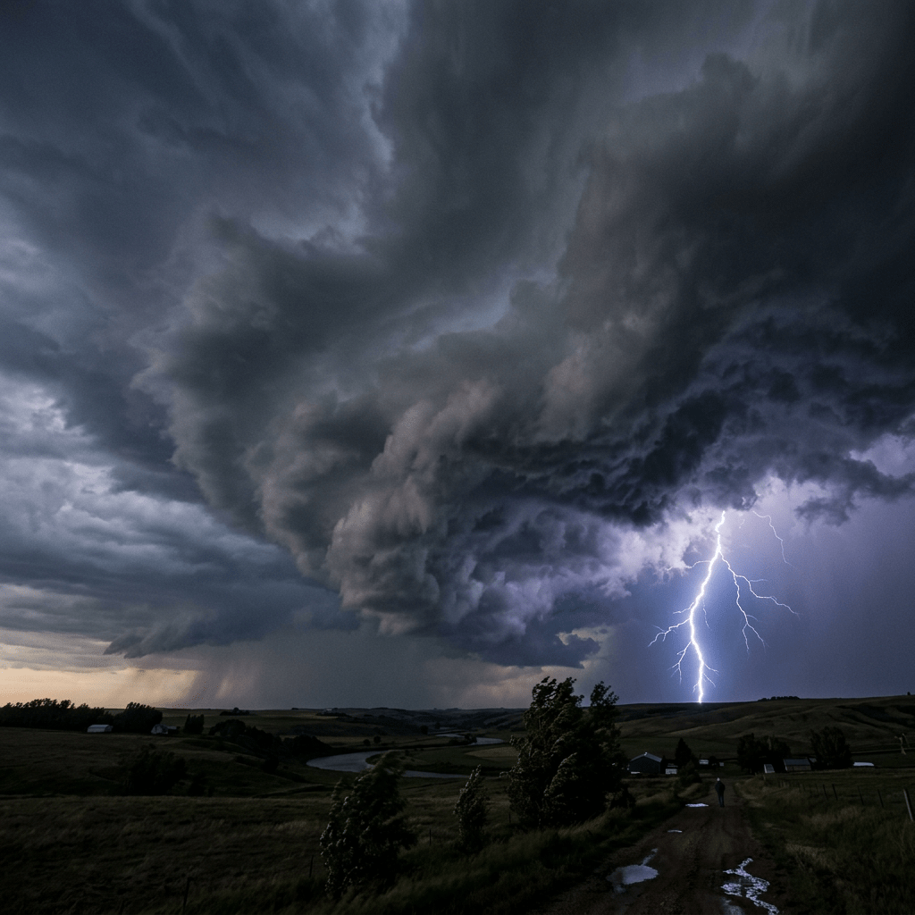 Lightning striking beneath a large, intense storm cloud over countryside